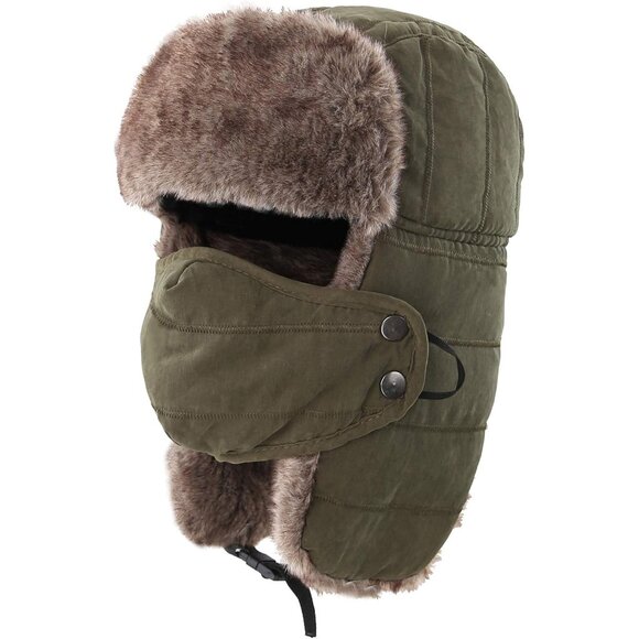 Mens Winter Trapper Hat with Earflaps Mask Warm Faux Fur Hunting Trooper Cap - Picture 1 of 7